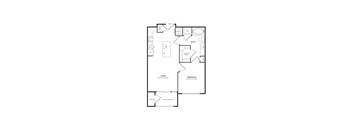 A floor plan of a small apartment with a living room, bedroom, and bathroom.