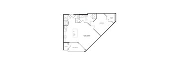 A floor plan of a home with a living room, dining room, kitchen, two bedrooms, a bathroom, and a storage area.