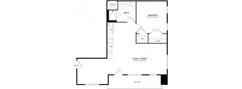 A floor plan of a home with a bedroom, bathroom, living/dining area, and a closet.