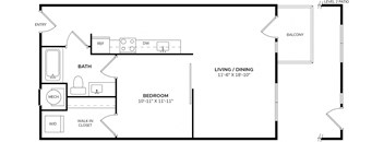 A floor plan of a two-level apartment with a living room, dining room, bedroom, bathroom, and kitchen.