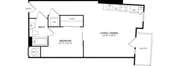 A floor plan of a home with a living room, dining room, bedroom, bathroom, and balcony.