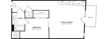 A black and white image of a floor plan for a home with a living room, dining room, bedroom, bathroom, and balcony.