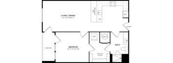 A floor plan of a room with a bedroom, bathroom, living/dining area, and a balcony.