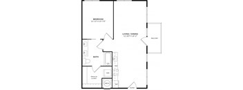 A black and white image of a floor plan for a bedroom, bathroom, living/dining area, and balcony.