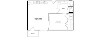 A floor plan of a small apartment with a living room, dining room, bedroom, bathroom, and a balcony.