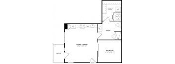 A floor plan of a home with a living/dining area, a bedroom, a bathroom, a walk-in closet, and a mech.