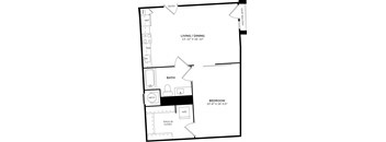 A floor plan of a small apartment with a living room, dining room, bathroom, and bedroom.