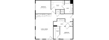 A black and white image of a floor plan for a home with two bedrooms, a living/dining area, and two bathrooms.