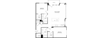 A black and white image of a floor plan for a home with two bedrooms, a living/dining area, and a bathroom.