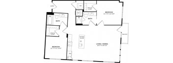 A black and white image of a floor plan for a home with two bedrooms, a living area, and a kitchen.