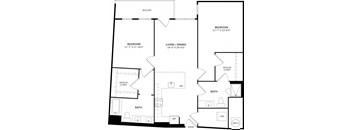A black and white image of a floor plan for a home with a balcony, two bedrooms, a living/dining area, two bathrooms, a walk-in closet, a reference room, and a mech.