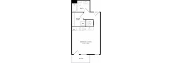 A floor plan of a small apartment with a bathroom, bedroom, and balcony.
