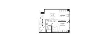 A floor plan of a small apartment with a kitchen, living room, and bedroom.