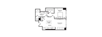 A floor plan of a house with a living room, kitchen, bathroom, bedroom, and spacious closet.