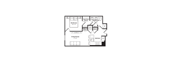 A black and white image of a floor plan for a small apartment.