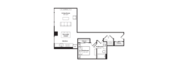 A floor plan of a small apartment with a living room, kitchen, bathroom, and bedroom.