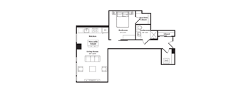 A floor plan of a small apartment with a living room, kitchen, bedroom, bathroom and closet.