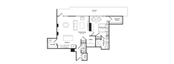 A floor plan of a house with a laundry room, kitchen, living room, bedroom, office, and bathroom.