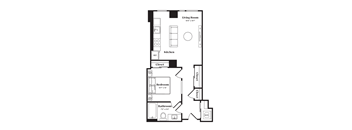 A floor plan of a small apartment with a living room, kitchen, bedroom, and bathroom.