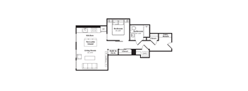 A floor plan of a house with a living room, kitchen, bathroom, bedroom and a built in desk.