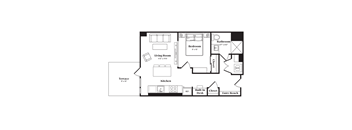 A floor plan of a house with a living room, kitchen, bathroom, bedroom and terrace.