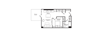 A floor plan of a house with a kitchen, living room, bedrooms and bathrooms.