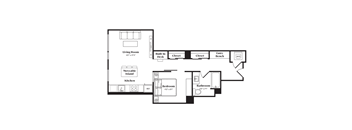 A floor plan of a small apartment with a living room, kitchen, bathroom and bedroom.