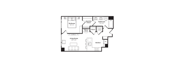 A floor plan of a small apartment with a bedroom, living room, kitchen, and bathroom.