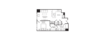 A floor plan of a house with a living room, kitchen, bedroom, bathroom, and closet.