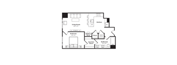 A floor plan of a house with a living room, kitchen, bedroom, bathroom and closet.