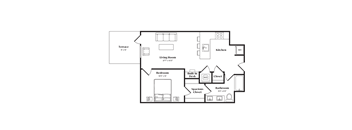 A floor plan of a house with a kitchen, living room, bedroom, bathroom and a terrace.