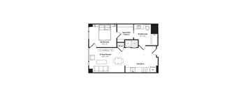 A floor plan of a small apartment with a bedroom, living room, kitchen, and bathroom.