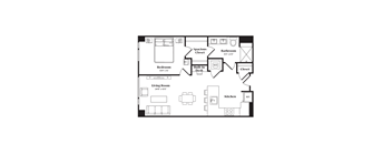 A floor plan of a living space with a bedroom, living room, kitchen, and bathroom.
