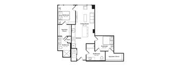 A floor plan of a house with two bedrooms, a living room, a kitchen, two bathrooms, and two closets.