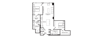 A floor plan of a house with two bedrooms, a living room, a kitchen, a bathroom, a linen closet, and a spacious closet.