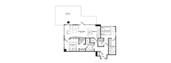 A black and white image of a house floor plan with a terrace.