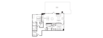 A floor plan of a house with a terrace and a laundry room.