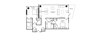 A floor plan of a house with a living room, two bedrooms, a bathroom, a kitchen, a dining room, a hallway, a closet, a spacious closet, and a guest room.