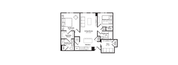 A black and white image of a floor plan for a home with two bedrooms, a living room, a kitchen, a bathroom, and a spacious closet.