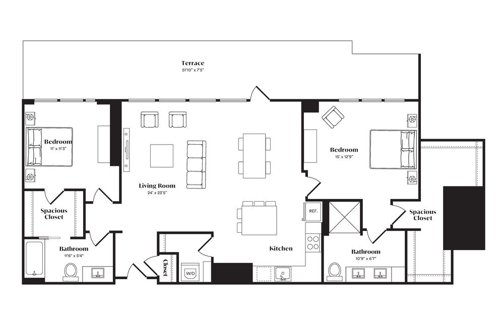 Floor plan of a spacious two-bedroom, two-bathroom apartment with an open-concept living area.