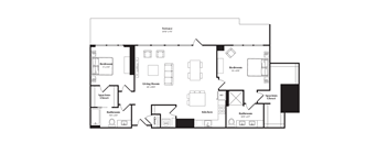 A black and white floor plan of a house with a living room, two bedrooms, two bathrooms, a kitchen, and a terrace.