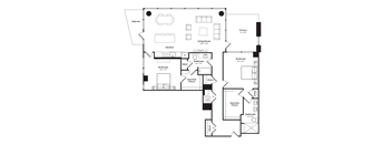 A black and white floor plan of a house with a balcony, kitchen, living room, bedrooms, bathrooms, and closets.