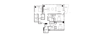 Floor plan of a spacious three-bedroom, three-bathroom apartment with an open-concept living area.