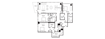 Floor plan of a spacious three-bedroom, three-bathroom apartment with an open-concept living area.