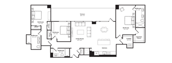 Floor plan of a spacious three-bedroom, three-bathroom apartment with an open-concept living area.