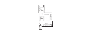 A floor plan of a living space with a bathroom, living room, and kitchen.