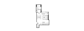 A floor plan of a small apartment with a living room, kitchen, and two beds.