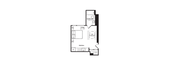 A floor plan of a small apartment with a living room, kitchen, and bathroom.