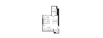 A floor plan of a living space with a kitchen, bathroom, and living room.