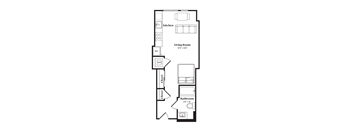 A floor plan of a living room, kitchen and bathroom.